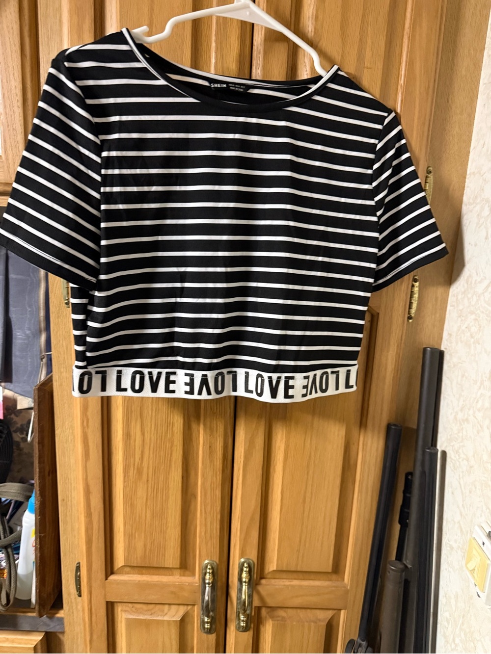 SHEIN Black & White Striped Cropped Tee with 'LOVE' Hem